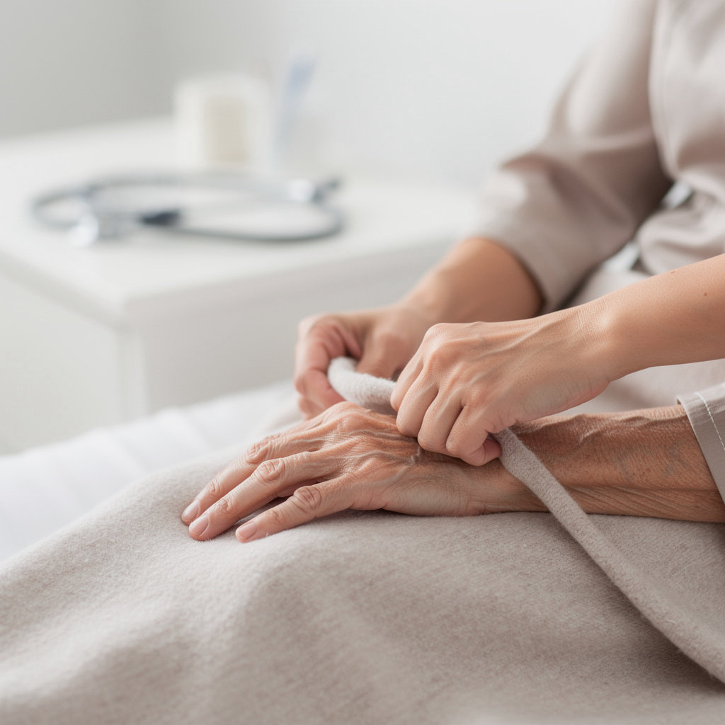 HMIC Assisted Living LLC San Diego - compassionate caregiver assisting a senior resident with daily activities in a warm, homely setting